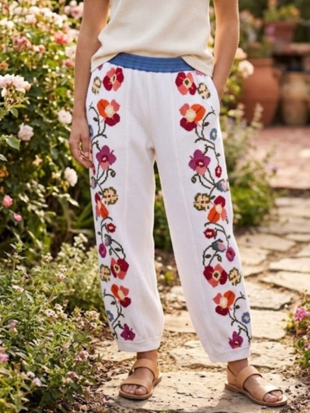 NWT LyreBird Anthropologie Waffle Pull On Pants Sz S Petite Colorful Floral $138